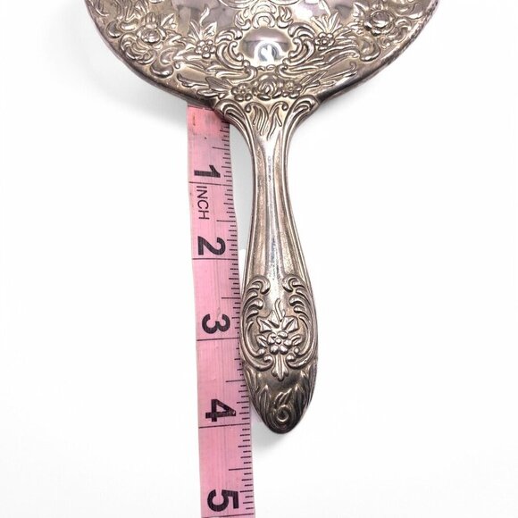 Antique Ornate Silver Handheld Vanity Mirror With Floral Engraving Etched Handle - Picture 11 of 11